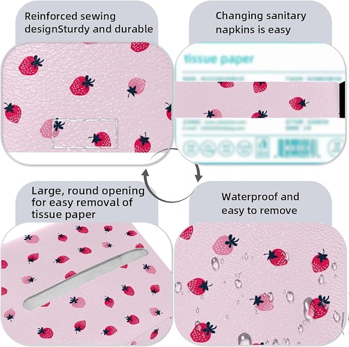 2 Pack Pink Strawberry (2) Tissue Box Cover, Decorative Tissue Box Dispenser for Bathroom, Parlors, Office, Bedroom Dresser, Vanity Countertop, Nightstand, Car, and Desk