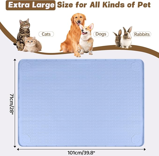 Bartuke Cat Food Mat, 40" x 28" Extra Large Silicone Pet Feeding Mat with Raised Edge Pet Placemat for Food and Water Bowl Non-Slip, Easy to Clean, Floor Protection (Blue)