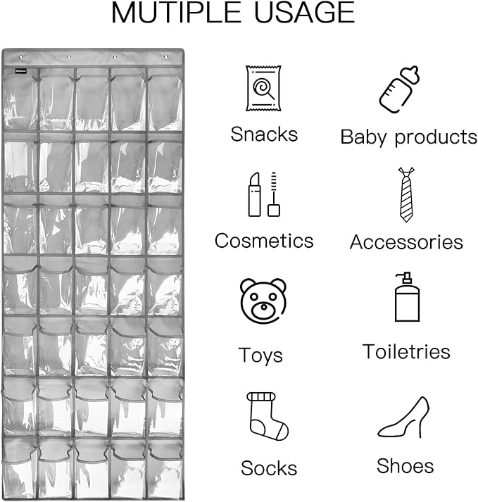 TidyMaster Clear Crystal 2 Pack 35 Pockets Large Hanging Shoe Organizer Over The Door Shoe Rack for Closet Door Storage Shoe Holder Hanger, 8Hooks, grey