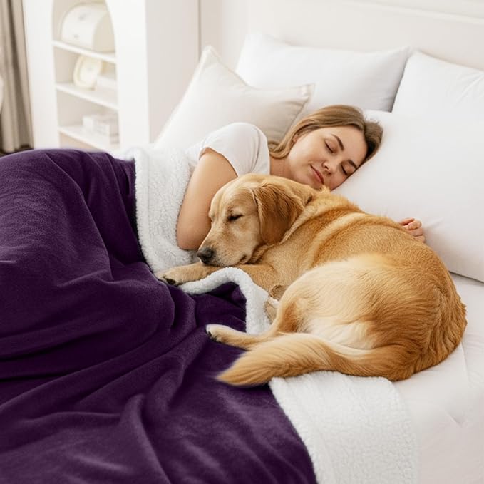 Smiry Waterproof Blanket Throw for Large Dogs, Soft Reversible Dog Blanket for Sofa Couch Bed, Washable Leakproof Sherpa Fleece Furniture Couch Protector(40"x60", Dark Purple/White)