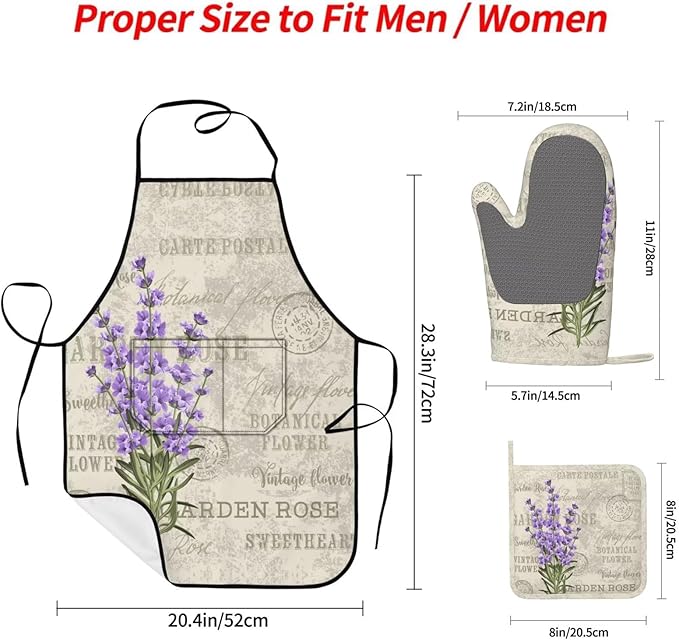 Lavender Flowers Elegant Postcard Vintage Oven Mitts and Pot Holders with Apron Set of 5 Silicone Kitchen Mitten and Non-Slip Potholders Apron Set Heat Resistant Oven Gloves Hot Pads Set