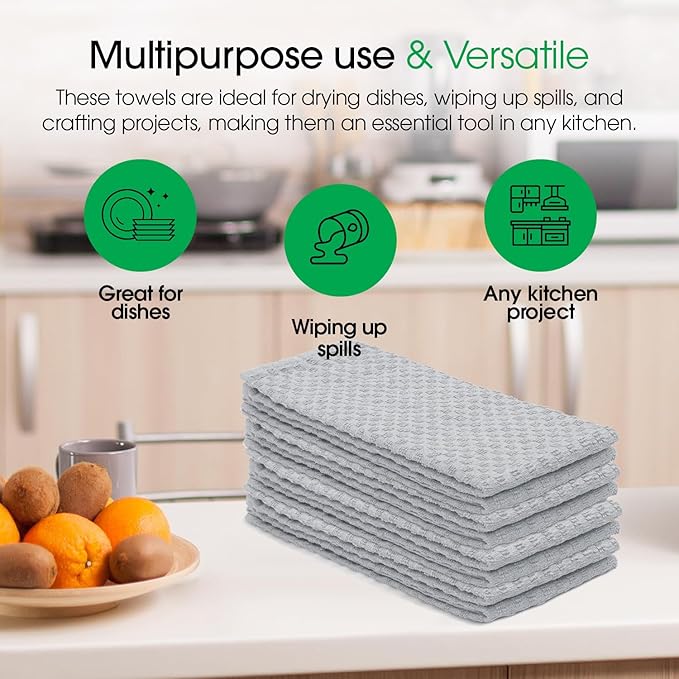 DG Collections Ash Grey Kitchen Towels - 100% Cotton Terry Tea Towels for Cleaning, Drying, and Highly Absorbent Kitchen Dish Cloth for Bar Cleaning - 8 Pack - 15 x 25 Inches