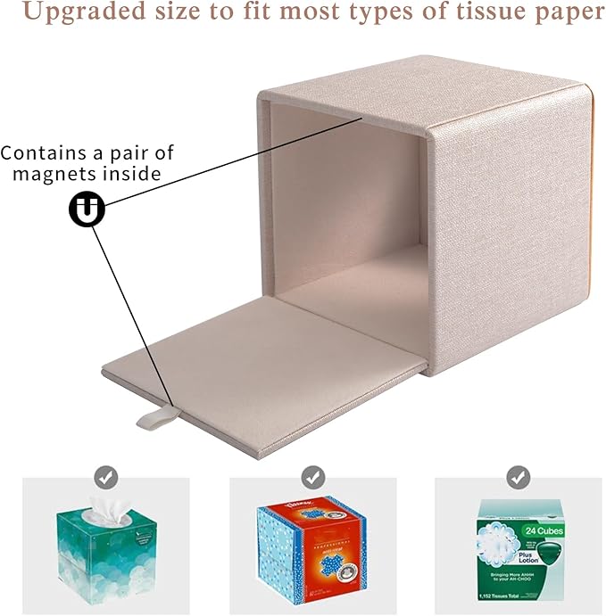 RHCSZ Linen Square Tissue Box Cover,Cube Tissue Box Holder－Excellent Rosegold Leather Decoration,Table Napkin Case Dispenser,Facial Tissues Organizer with Magnetic Bottom for Home Office Car(Beige)