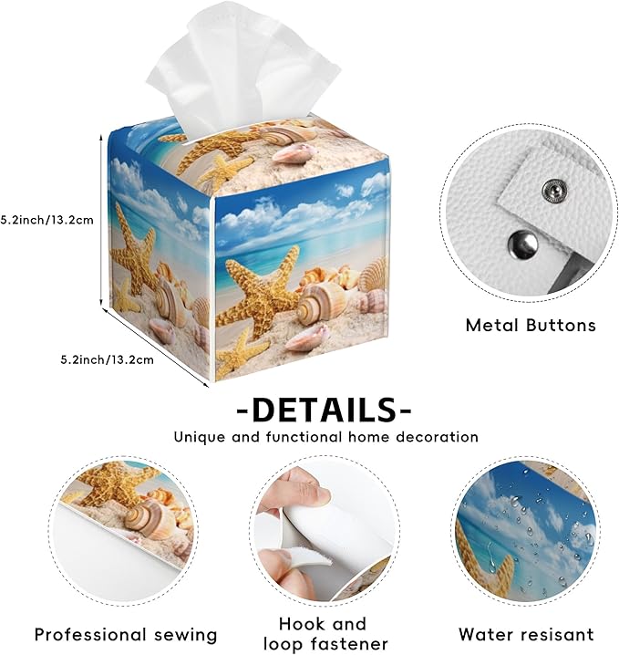 Beach Starfish Tissue Box Cover,Seashells PU Leather Tissue Box Holder Square,Modern Home Decoration for Bathroom Living Room Kitchen Office Car,5.2"×5.2"×5.2"