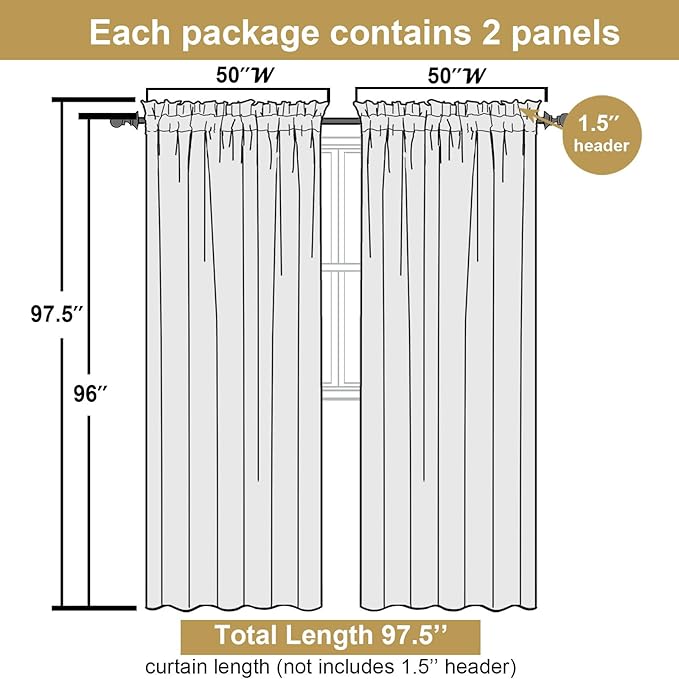 Lecloud Bessie Ivory Curtains 96 Inches Long 2 Panels, Rustic Light Filtering Faux Linen Curtains, Breathable Dual Rod Pocket Drapes for Bedroom Living Room Window Treatments, Each 50" W x 96" L