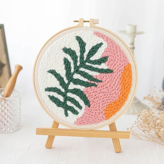 Allazone 3 Set Punch Needle Embroidery Starter Kits for Beginners, Include Punch Needle Fabric with Leaf Pattern, Yarns, Embroidery Hoops, Threader Tools and Instructions (Leaf)