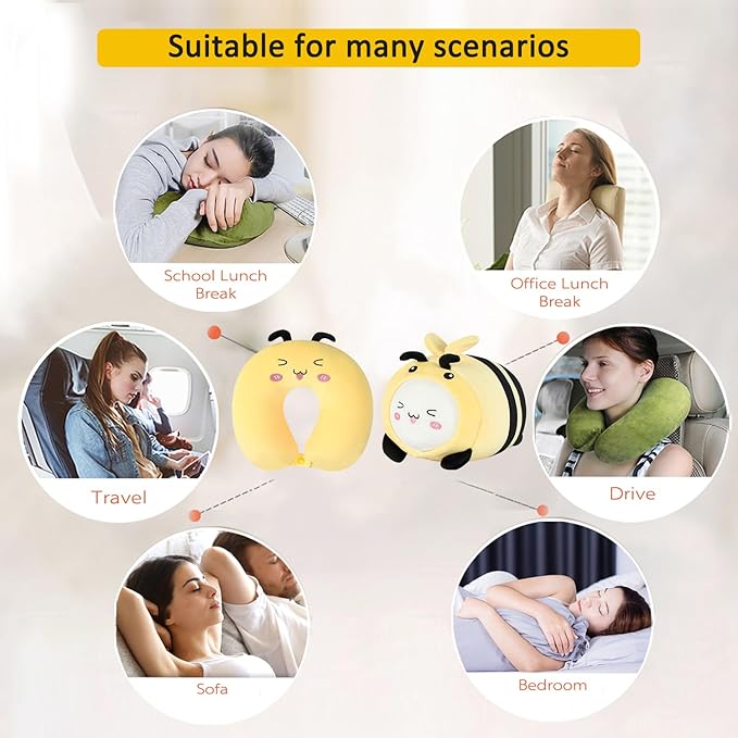 stocaggio Kids Travel Pillow - 2-in-1 Deformable Kids Neck Pillow for Traveling, Soft U-Shaped Pillow with Adorable Animal Design, Comfy Sleep and Play, Ideal for Airplane Traveling - Yellow Bee