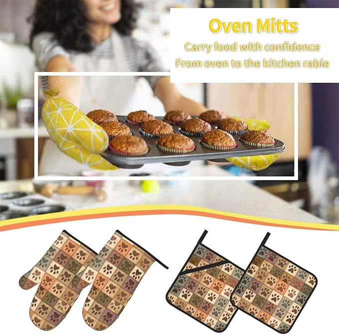 4 Pieces Flowers Oven Mitts and Pot Holder Set Floral Oven Gloves and Hot Pads Pot Holders for Farmhouse Kitchen Accessories and Decoration (Dog Cat Paws)