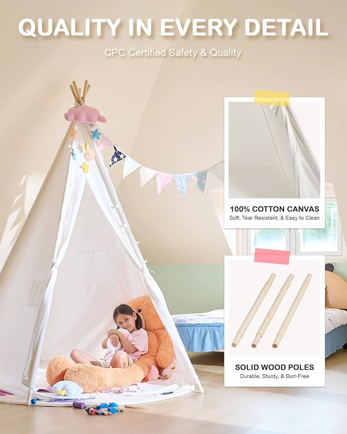 CO-Z Larger 85" H Kids Teepee Play Tent, 2.1m Large Indoor Canvas Teepee Tent for Adults, Tall Foldable Teepee Outdoor, 5 Sides Party Picnic Wedding Teepee Tent with Storage Bag