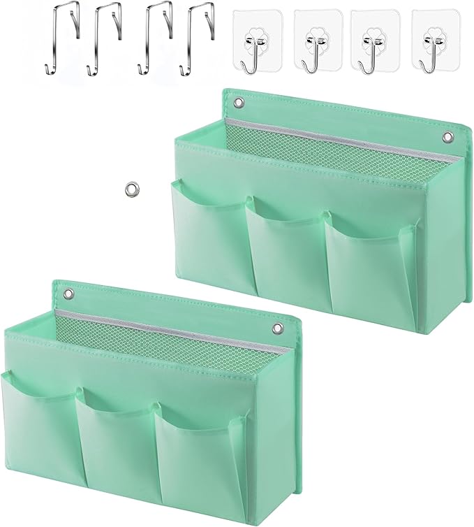 LASAMOLL 2-Pack Hanging Storage Baskets - Wall Organizer with 3 Pockets for Home/Dorm/Closet/Door, Multi-Purpose Space Saver for Office/Bathroom/Nursery - Foldable Fabric Organizer (Green)