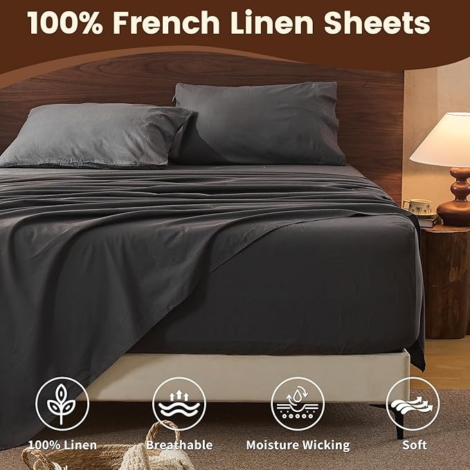 100% Linen Sheet Set King Size Extra Deep Pocket Fits 18-24 Inch Mattress, Breathable & Soft, Smooth 4-Piece Set for Thick Mattresses Hotel Luxury Bedding（King, Dark Grey）