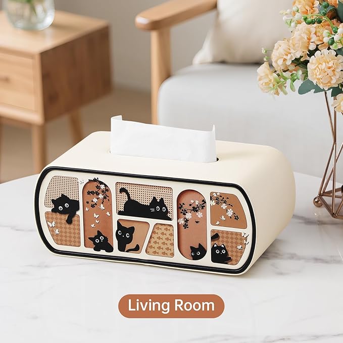MEIBOOCH Cat-Themed Tissue Box Cover Rectangle, Stylish Tissue Holder for up to 4 Inches High Boxes, Curved Edge Tissue Box Holder (Beige)