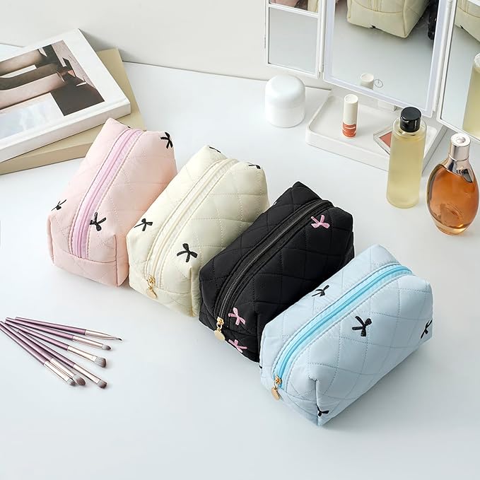 Gleyemor Small Quilted Makeup Bag for Women, Cute Floral Bow Cosmetic Bag, Emergency Bag Travel Toiletry Cotton Pouch Gifts for Girls Her Mom Friend Sister Bridesmaid (Black&Pink Bow)