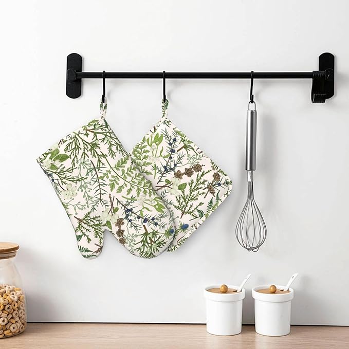 Botanical Print Oven Mitts and Pot Holders Set of 4 Silicone Vintage Floral Spring Sage Green Flower Plant Kitchen Mitten Gloves and Farmhouse Potholders Set Oven Gloves Hot Holders