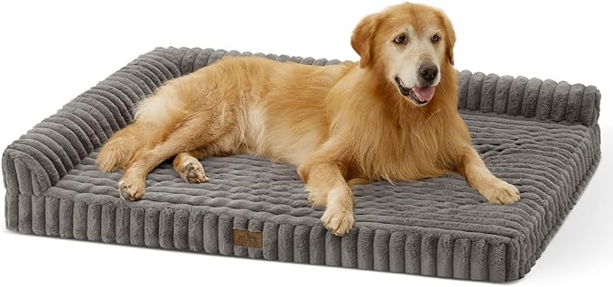 COZY KISS Cute Dog Bed, Faux Rabbit Fur Orthopedic Foam Dog Bed with Sides, Removable Washable Cover & Waterproof Lining, Comfortable Pet Couch for Extra Large Dogs, Grey (48" L x 35" W x 7.5" Th)