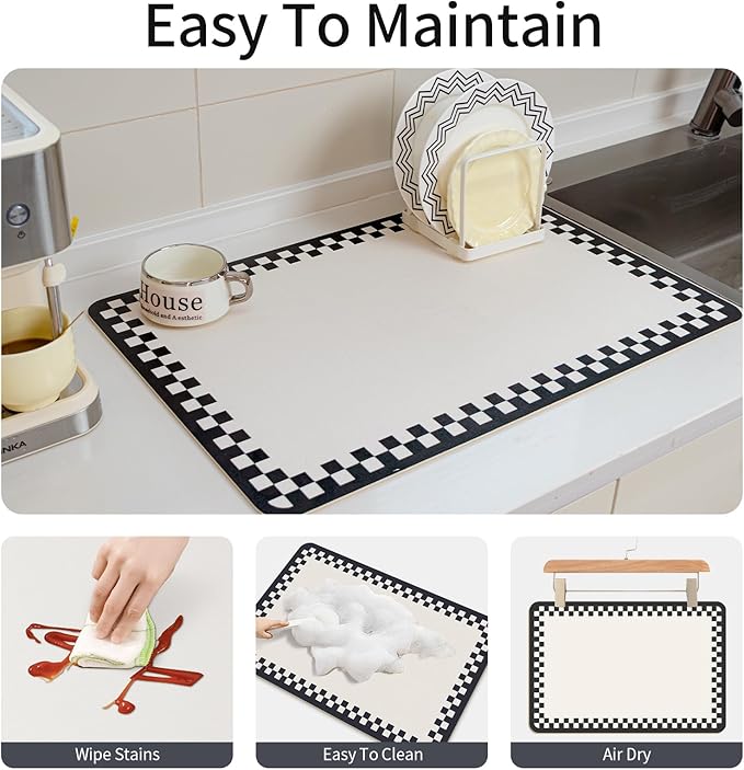2PCS Drying Mat Kitchen Counter 24 X 16 Inches Non-slip Coffee Mat Fits Under Coffee Maker & Espresso Machine Dish Rack,Black White