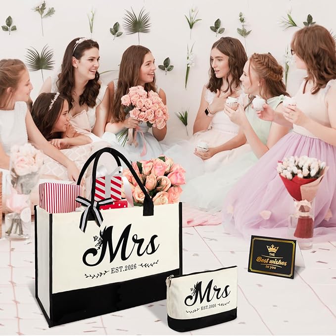 Vanqruo Mrs 2026 Canvas Tote Bag for Bride with Cosmetic Bag, Bride Gifts for Bridal Shower, Wedding Gifts for Bride to Be, Engagement, Bachelorette Party, Honeymoon, Miss to Mrs