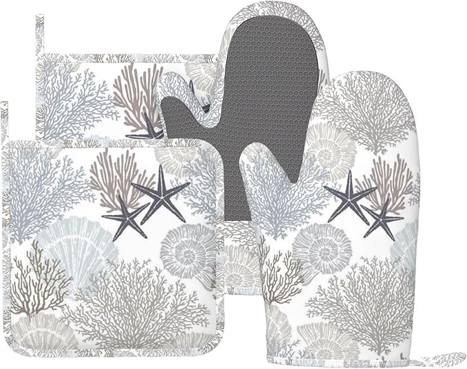 Nautical Coastal Oven Mitts and Pot Holders Set, 4pcs Silicone Starfish Seashell Coral Beach Themed Oven Glove for Kitchen Heat Resistant Oven Mitts and Non-Slip Potholders Blue Grey