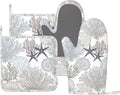 Nautical Coastal Oven Mitts and Pot Holders Set, 4pcs Silicone Starfish Seashell Coral Beach Themed Oven Glove for Kitchen Heat Resistant Oven Mitts and Non-Slip Potholders Blue Grey