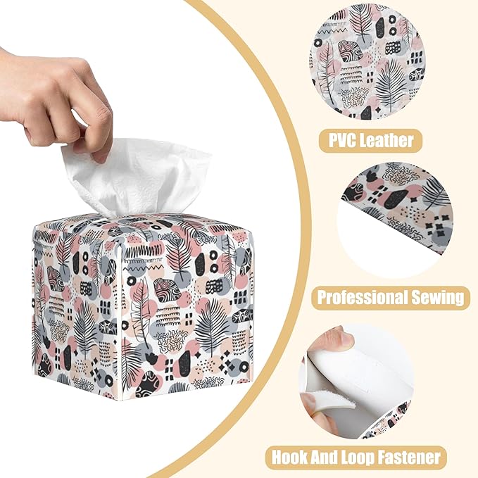 Boho Vintage Leather Tissue Box Holder Abstract Plant Leaves Tissue Box Cover Facial Paper Case Organizer Cube Napkin Dispenser for Bathroom Vanity Countertop Night Stand Office Car
