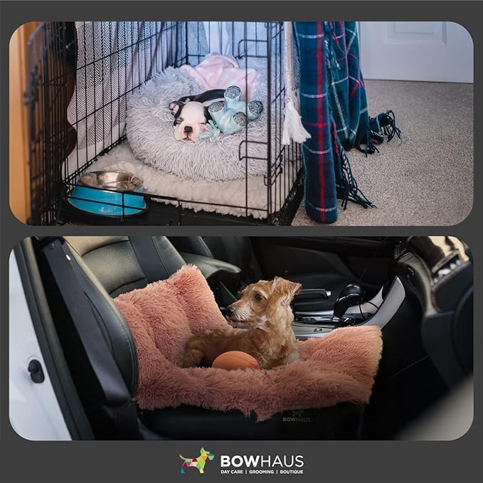 BOWHAUS 24/30 Inch Calming Donut Pet Bed for Small/Medium Cats and Dogs, Anti-Slip Bottom, Washable, Anti-Anxiety Fluffy Round Cat Bed, Indoor Shaggy Cuddler Cotton Candy Brown, Light Gray, Pink Bed