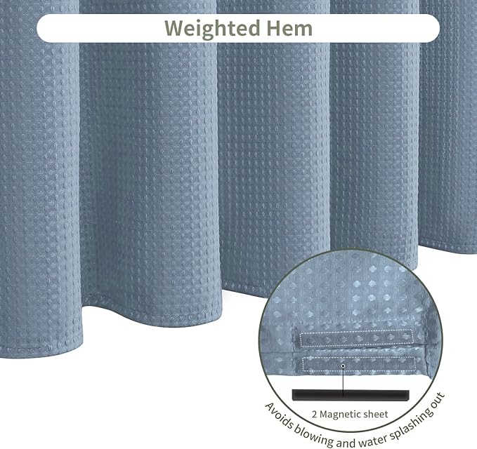 Inhousolu Fabric Shower Curtain Waffle Weave, Fog Blue 230 GSM Heavy Duty, Weighted Hem, 8 Metal Hooks, Water Repellent, Machine Washable, Hotel Spa Luxury Bath Curtain Set, 36 x 72 Inch
