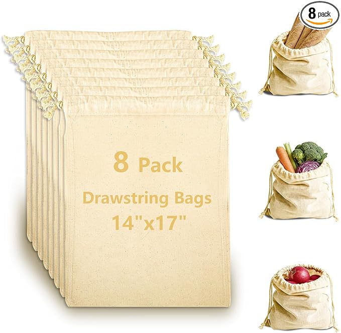 OKBA 8 Pack Cotton Muslin Drawstring Bags 14x17 Inch, Reusable Cloth Bags for DIY Tie-Dye Projects, Grocery & Produce, Shoes, Potatoes and Onions, Eco-Friendly & Washable