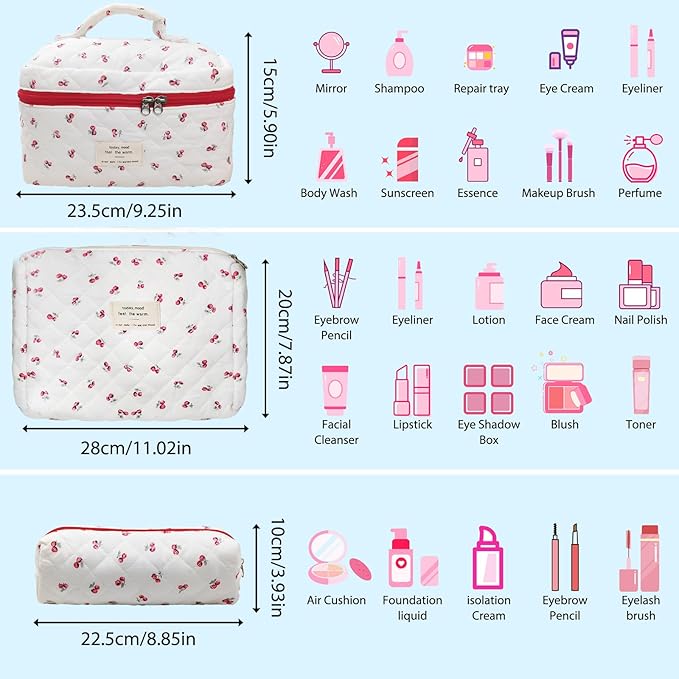 Cozomga Quilted Makeup Bag, Large Capacity Travel Cosmetic Bag for Women and Girls, Aesthetic Storage for Daily and Travel Use (3pcs-Cherry)