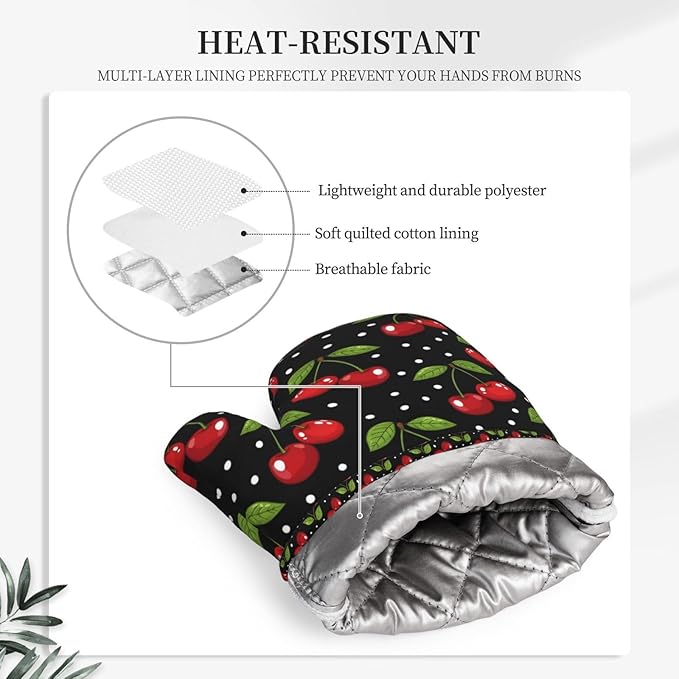 Heat Resistant Oven Mitts 2 Pack, 500°F Silicone Oven Gloves with Non-Slip Grip, Soft Quilted Cotton Lining for Baking, Grilling, BBQ, Cooking (Cherry)
