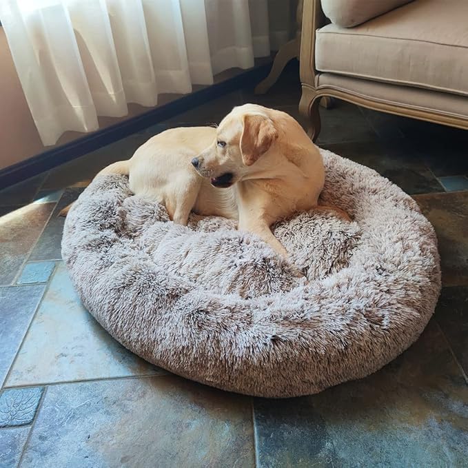 Coohom Oval Calming Donut Cuddler Dog Bed,Shag Faux Fur Cat Bed Washable Round Pillow Pet Bed(30"/36"/43") for Medium Dogs (XL(36"x27"x7"),Light Brown)