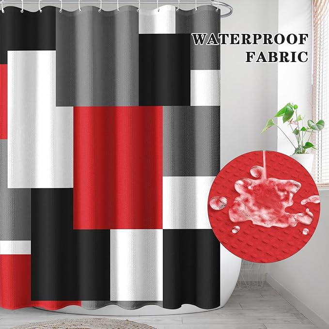 Culudea Geometric Red White Shower Curtain Set, Black and Gray Modern Bathroom Window Waterproof Shower Curtain Set for Bathroom Decor