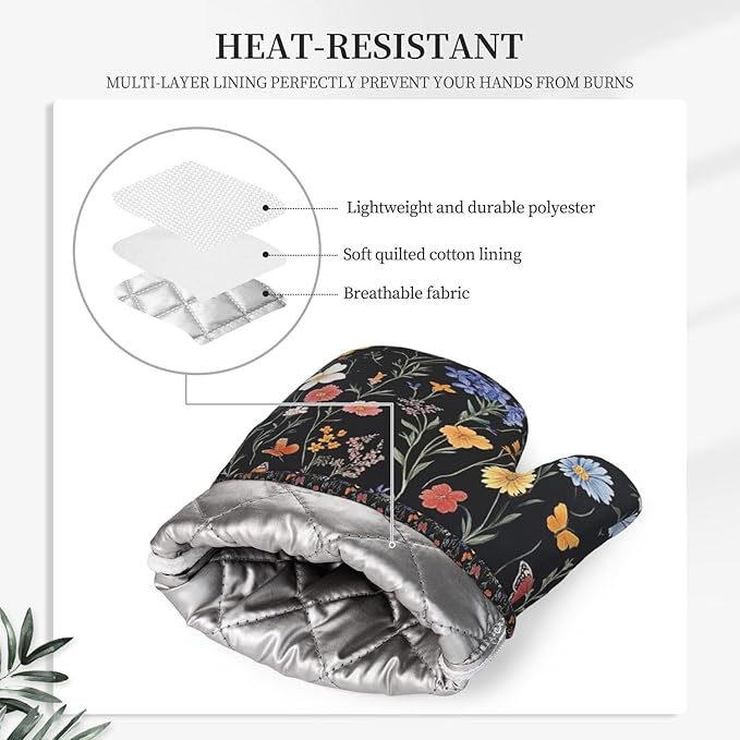 Oven Mitts Pot Holders Set Vintage Botanical Flower Wildflower Silicone Kitchen Gloves Potholders Heat Resistant for Chef Baking Cooking Grilling BBQ 4 Pack Mitt