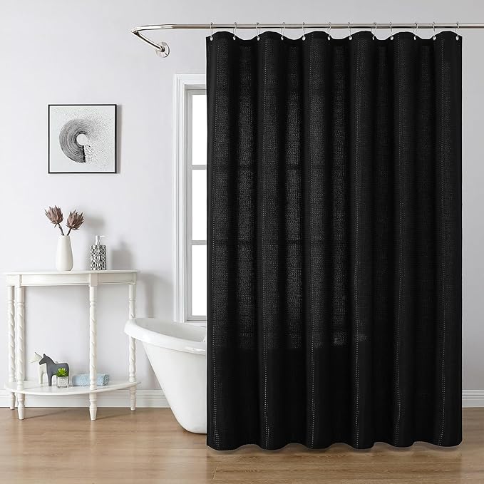 meioro Black Shower Curtain, Waffle Weave 256GSM Heavy Duty Textured Fabric Shower Curtains for Bathroom Hotel Spa, Luxury Weighted Polyester Cloth Bath Curtain Set with 12 Hooks, 48Wx72H