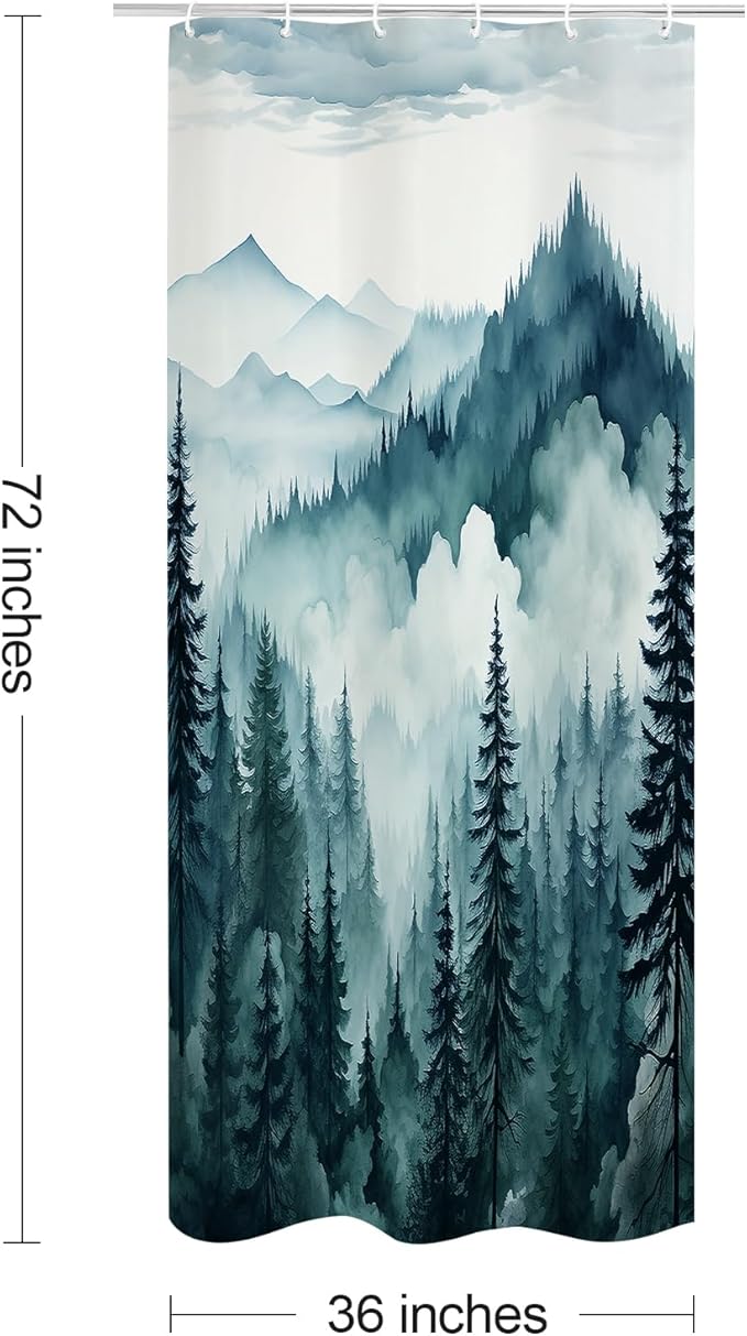 Litabel Peacock Blue Small Stall Misty Pine Forest Shower Curtain 36 x 72, Mountain Foggy Woodland Scenery Tree Narrow Half Size Shower Curtains for Bathroom, Abstract Waterproof Nature-Themed Decor