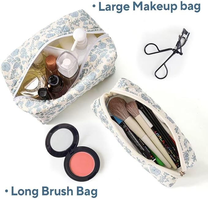 MZLUWM 2 Pcs Makeup Bag Travel Cosmetic Bag，Cute Floral Quilted Makeup Bag Set for Women Girls，Cotton Travel Toiletry Zipper Make Up Pouch (Blue Floral)