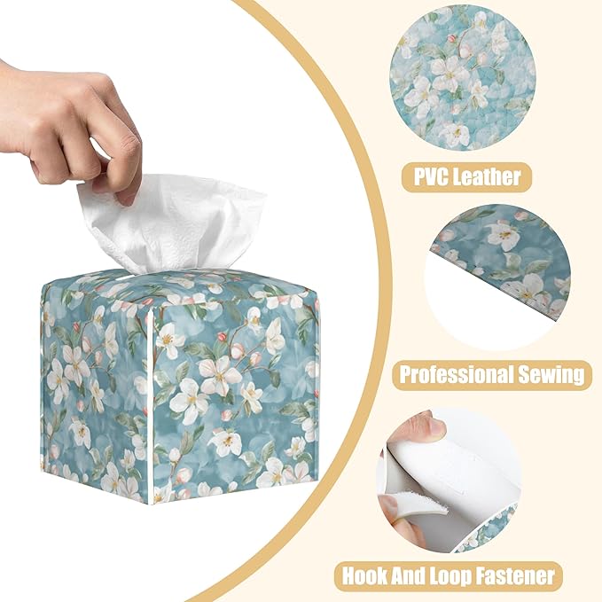 BLYKVGHQ Abstract Blooming Flower Tissue Box Cover Square, Tissue Box Holder with Bottom Belt Leather Facial Paper Organizer Dispenser for Bathroom Bedroom Dresser Night Stand Tabletop