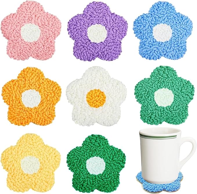 Allazone 8 PCS Punch Needle Coasters Kit, Flower Embroidery Punch Needle Kits, Punch Embroidery Kit with Felt Yarns Hoop Tools for DIY Crafts