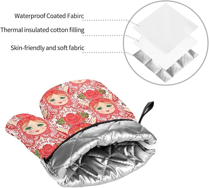 Traditional Russian Nesting Doll with Flowers Oven Mitts and Pot Holders 4 Pcs Set Oven Gloves and Potholders for Cooking Microwave BBQ Baking Grilling