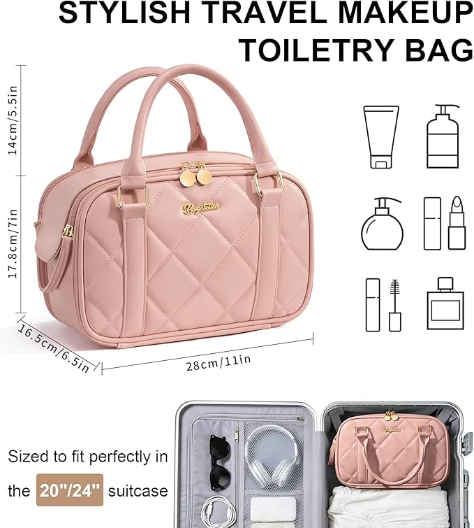 Bagstellar Travel Makeup Bag, Large Capacity Quilted Toiletry Bags for Women, Wide-open Cosmetic Bags Make Up Case Organizer Portable Pouch with Handle & Brush Holder for Traveling Accessories, Pink
