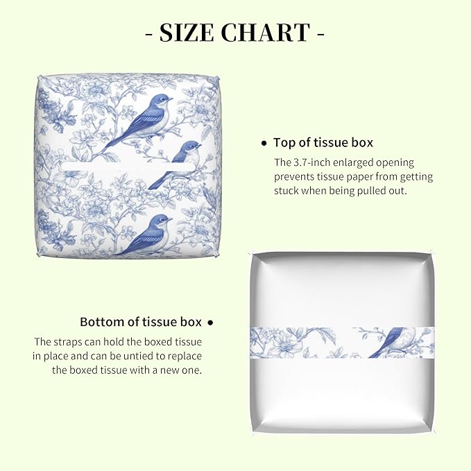 Blue Floral and Bird Tissue Box Cover Square Leather Tissue Holder Waterproof Facial Paper Organizer Dispenser Cube Paper Cover Case for Home Office Bathroom Vanity Countertop