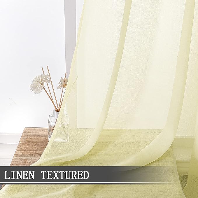 Tollpiz Sheer Curtains Linen Textured Living Room Curtain Sheers Light Filtering Rod Pocket Voile Curtains for Bedroom, 42 x 63 inches Long, Transparent Yellow, Set of 2 Panels