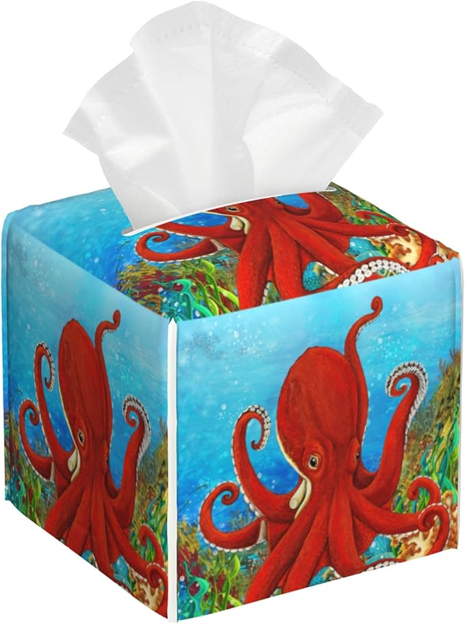 POIUBLE Tissue Box Holder Cartoon Octopus Tissue Box Cover Square Leather Tissue Holder Organizer Portable Decorative Facial Paper Case for Home Office Bathroom Vanity Countertop