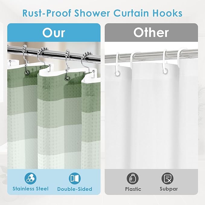 Nesphy Shower Curtain and Liner, Ombre Green Striped 3 in 1 Shower Curtain and PEVA Liner Set with 12 Rust-Resistant Metal Hooks, Waterproof Fabric Shower Curtains for Bathroom, 72 W x 72 H