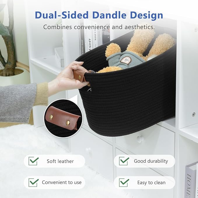 ECDYQXVU Cotton Rope Basket, Storage Baskets with Handle, 15x10x9 Inch Woven Basket for Shelves, Laundry, Towels, Clothes, Books (Black 1Pack)