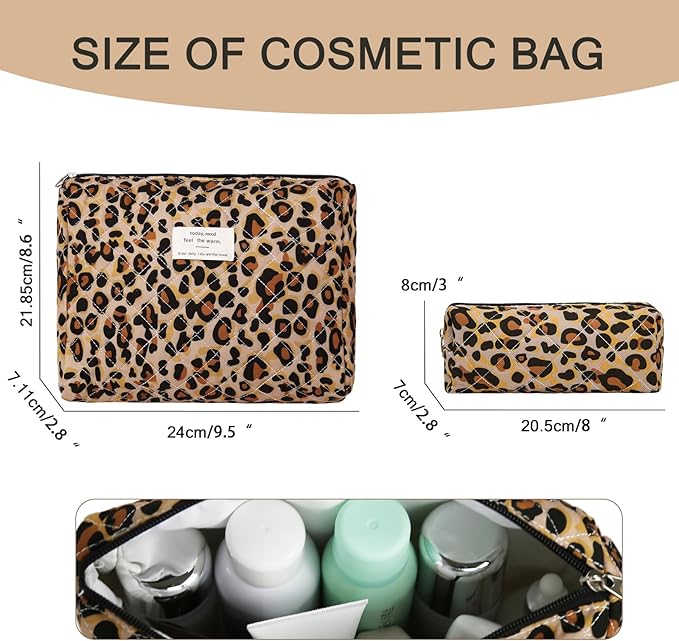 Gosect 2PC Makeup Bag Set, Cute Cosmetic Bag for Women Girls, Floral Coquette Aesthetic Toiletry Bag, Travel Make Up Organizer Bag (Leopard Print)