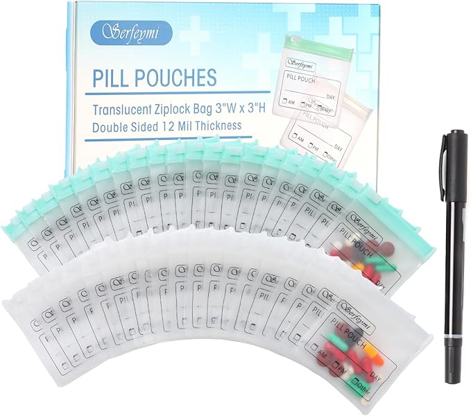 Serfeymi 48 Pcs Pill Pouch Bags for Travel Reusable Plastic Bags 3x3 Inch 12 mil (Double Sided) Translucent Zippered Pill Pouches for Medicine with Slide Lock & Writable Label, 1 Pc Marker-Green+White