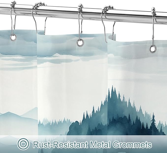 Litabel Peacock Blue Long Misty Pine Forest Shower Curtain 72 x 78, Mountain Foggy Woodland Scenery Tree 78 Inch Long Shower Curtains for Bathroom, Abstract Waterproof Nature-Themed Decor