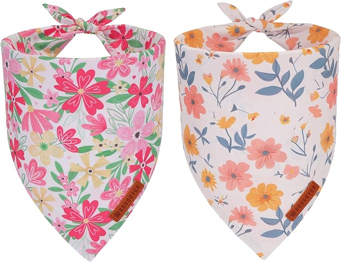 ADOGGYGO Floral Dog Bandanas 2 Pack, Triangle Reversible Pink White Flower Dog Scarf, Premium Durable Fabric, Pet Floral Bandanas for Medium Large Dogs (Large)