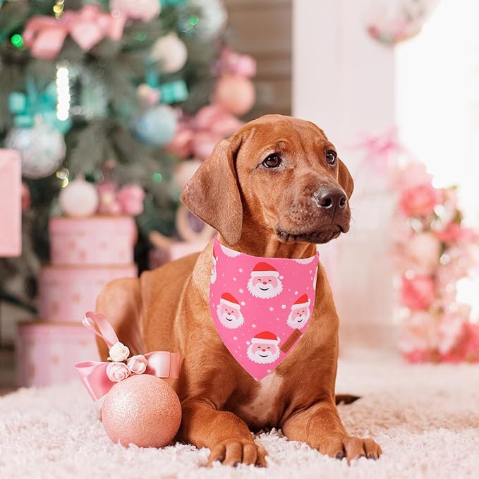 PTDECOR Christmas Dog Bandana,Xmas Pink Scarf Santa Deer Reversible Holiday Dog Scarf, Female Christmas Bandanas for Large and Extra Large Dogs Pets (X-Large)