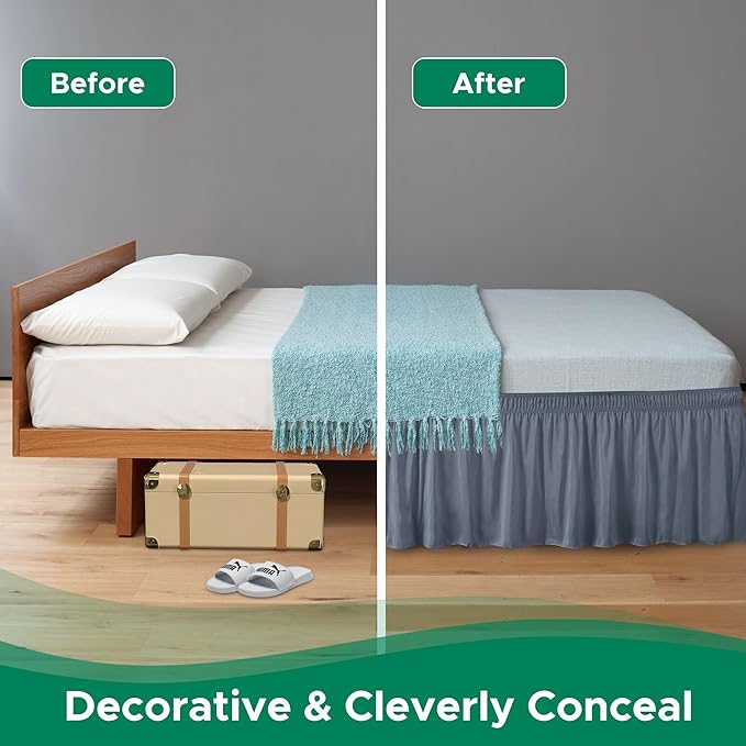 Biscaynebay Wrap Around Bed Skirts for King & Cal King Beds Short Drop of 12", Dark Grey Adjustable Elastic Dust Ruffles Easy Fit Wrinkle Resistant Silky Luxurious Fabric Machine Washable